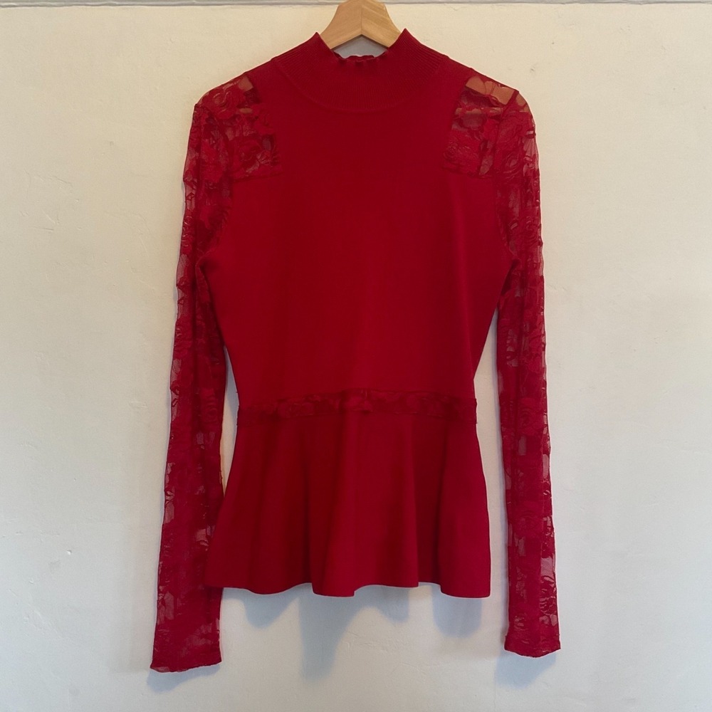 Boston Proper Floral Lace Peplum Knit Top Med Red Romantic Feminine Party NWOT